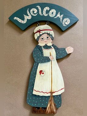 Vintage Folk Art Wood Hand Painted Grandma Welcome Hanging Sign 15.5”